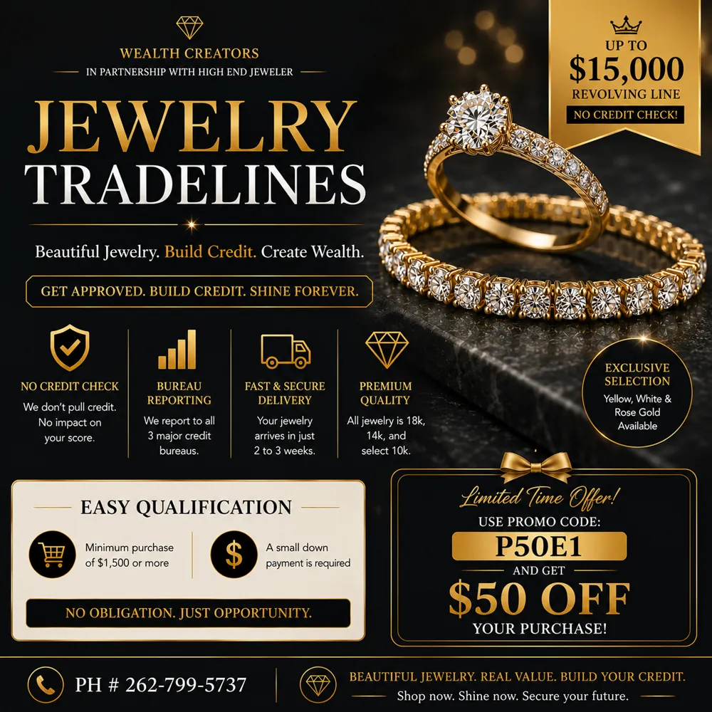 Wealth Creators Jewelry Tradeline — revolving line up to $15,000, no credit check